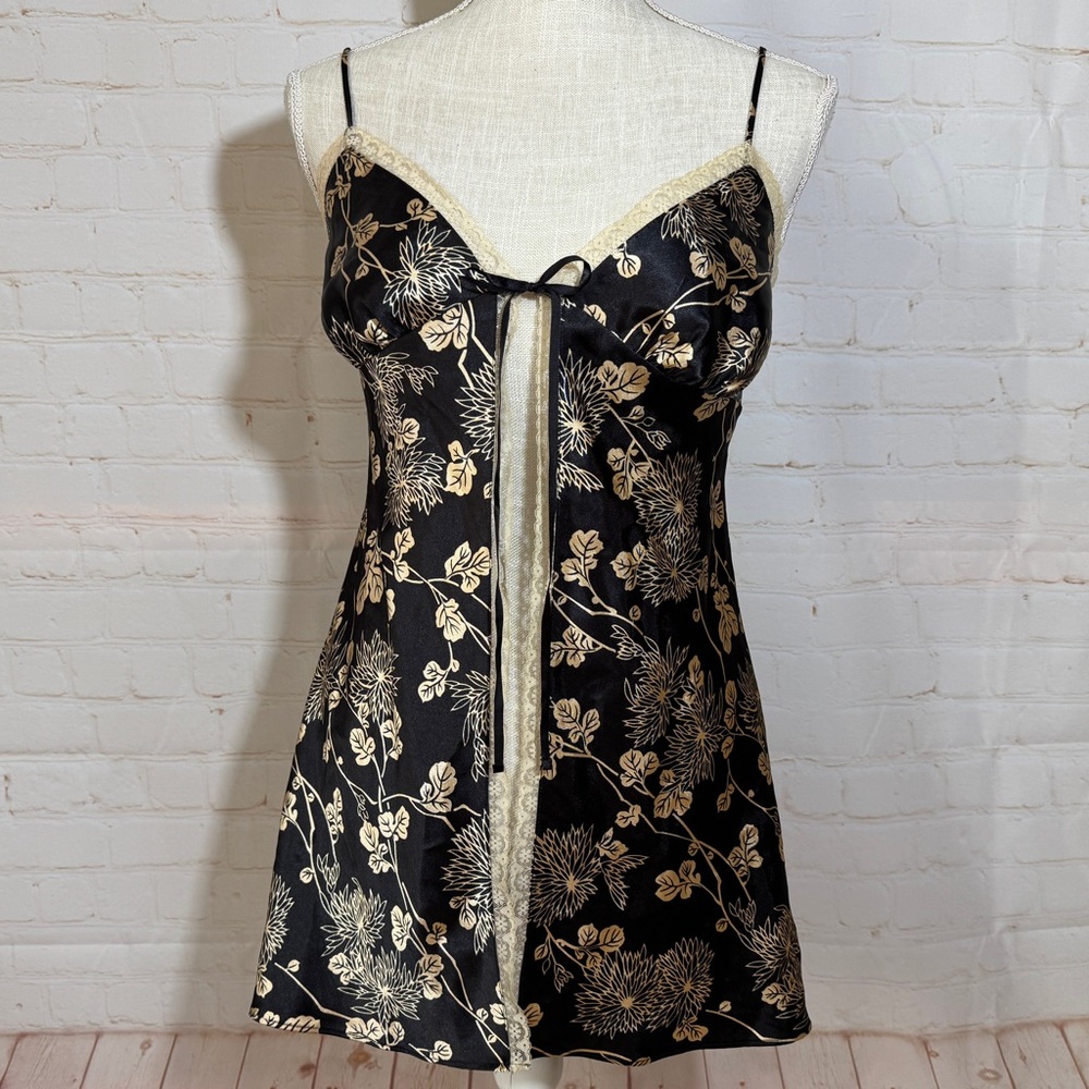 Victoria's Secret Front Tie Lingerie Nightgown Black Gold Floral Chemise Satin S